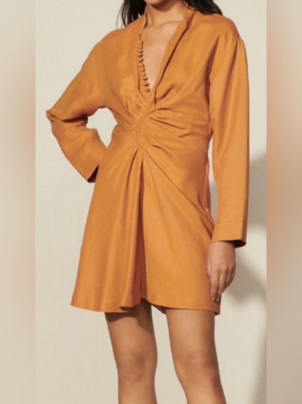 Sandro AMARIA Linen Blend Mini Dress Camel Tan Ruched Paris Chic Size 36